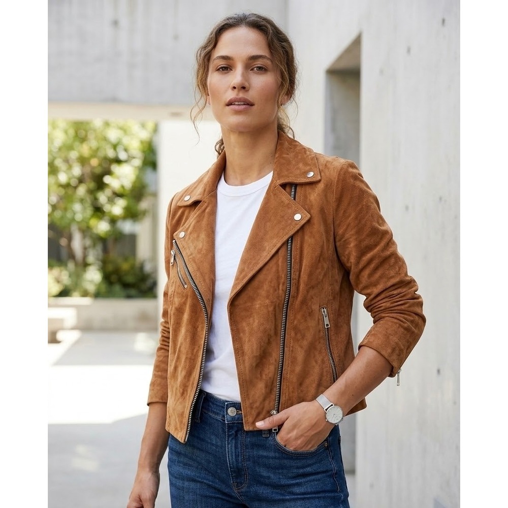 7 For All Mankind Womens Cognac Brown Suede Moto Biker Jacket Small
